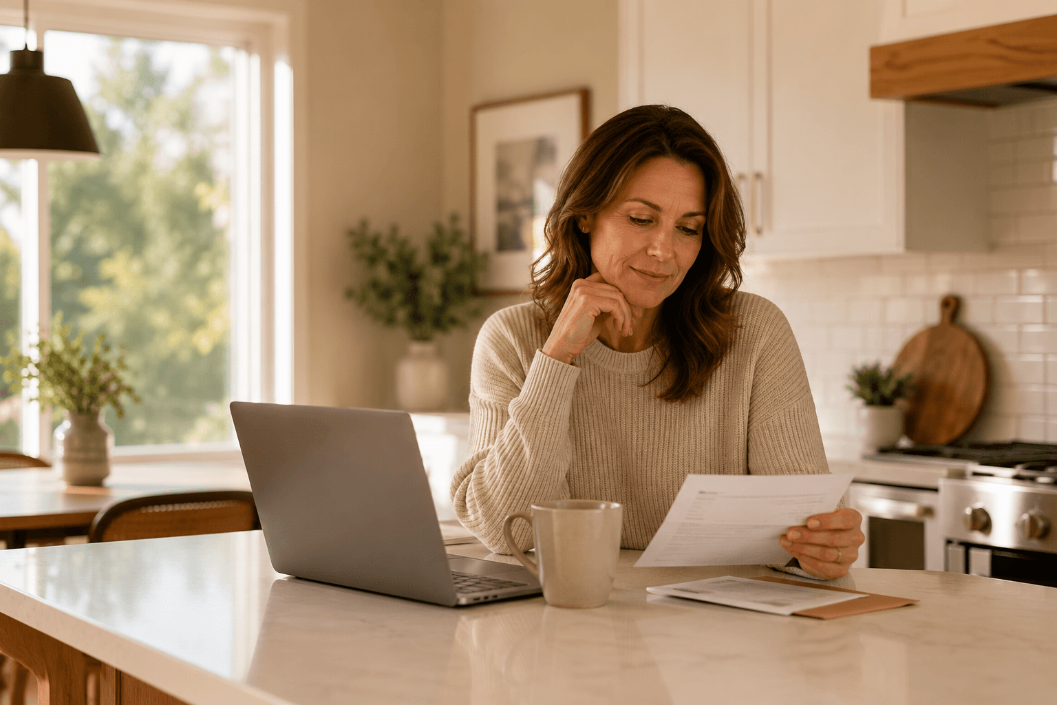 A homeowner reviewing a mortgage renewal letter at a bright kitchen island