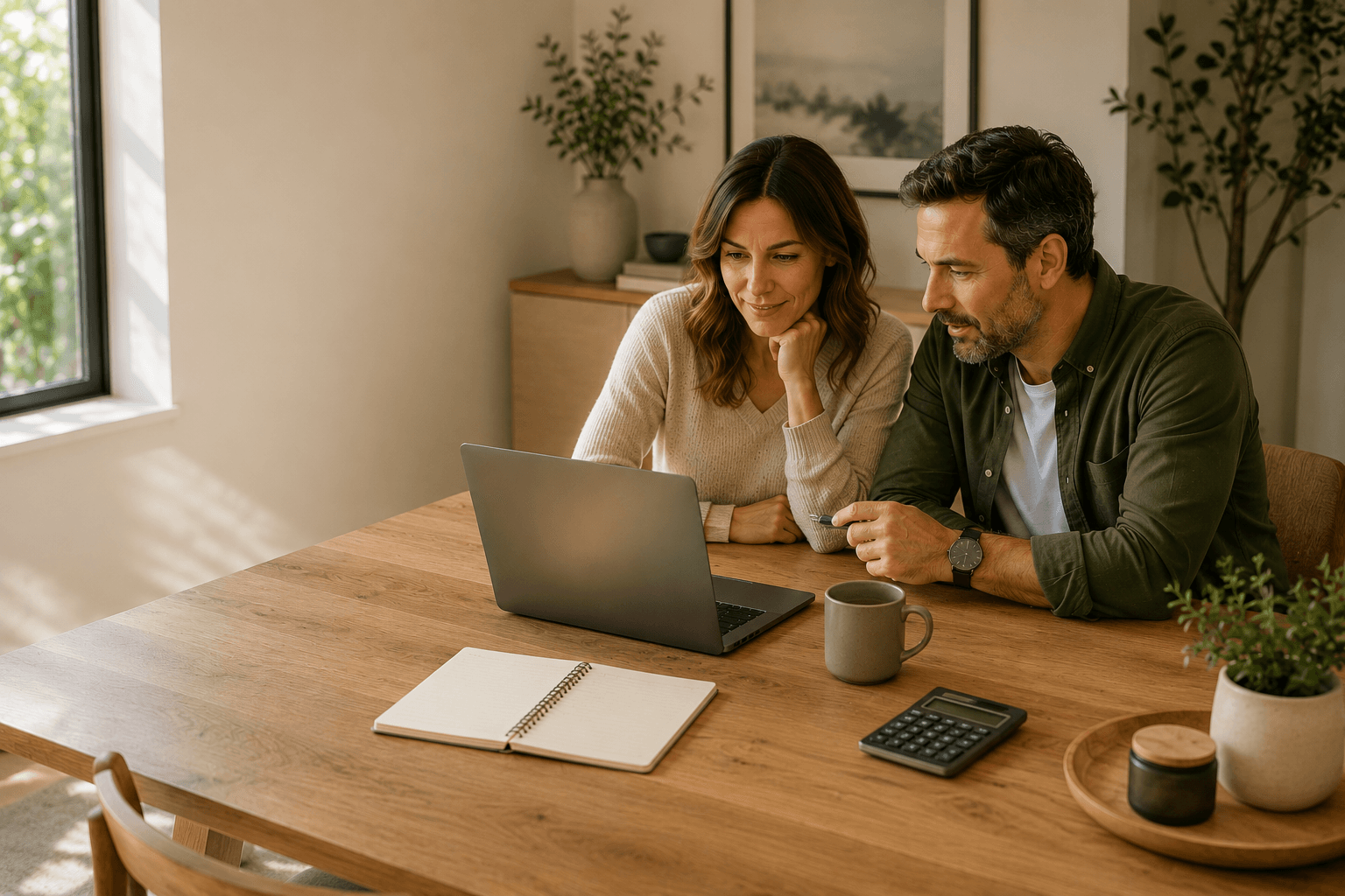 Couple comparing mortgage options together at home using a laptop.