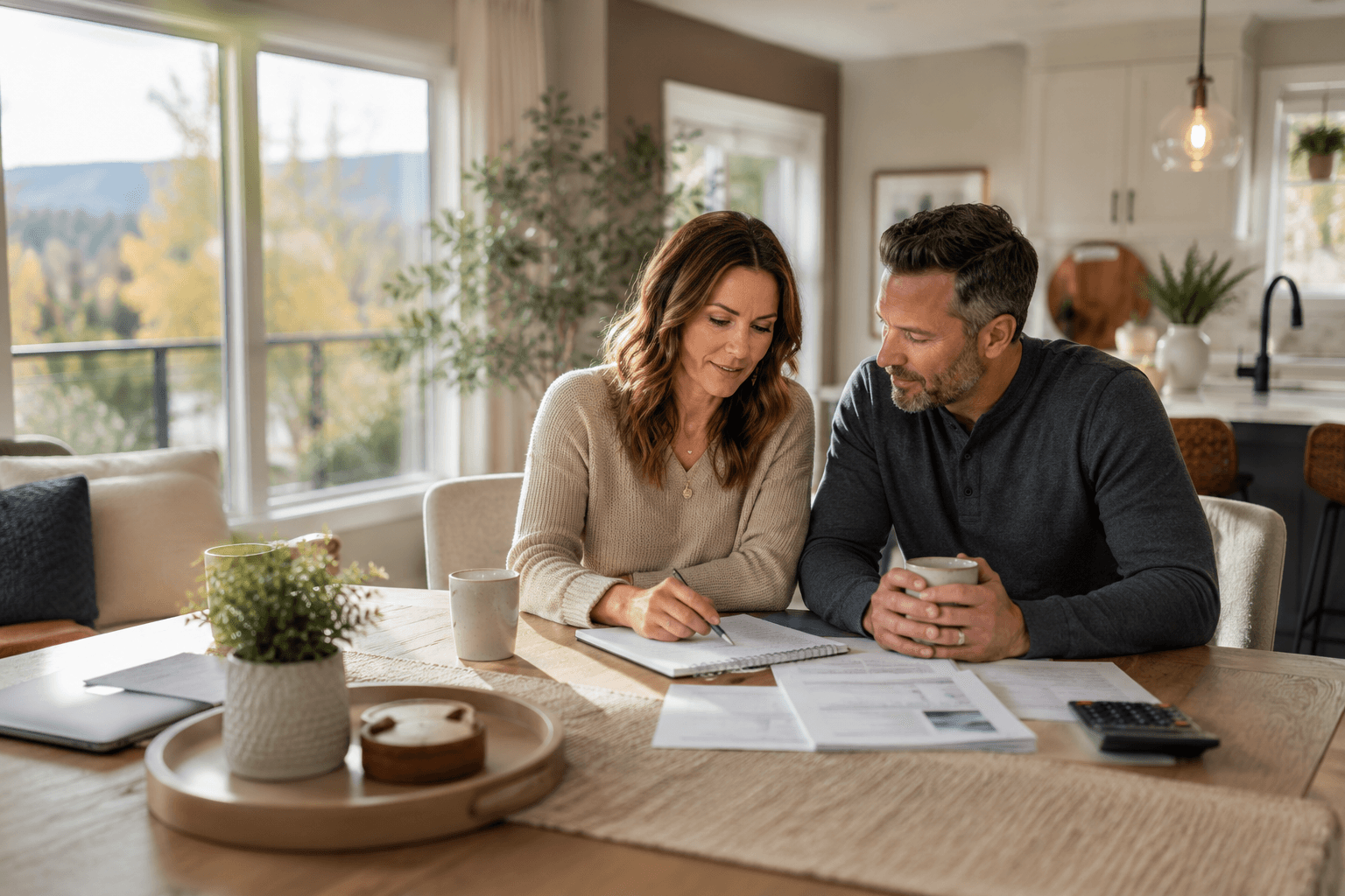 A couple sitting together at home while reviewing financial documents